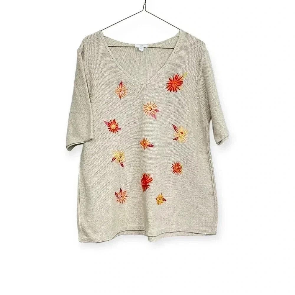 J. Jill Beige Linen Cotton Sweater Short Sleeve Size Large